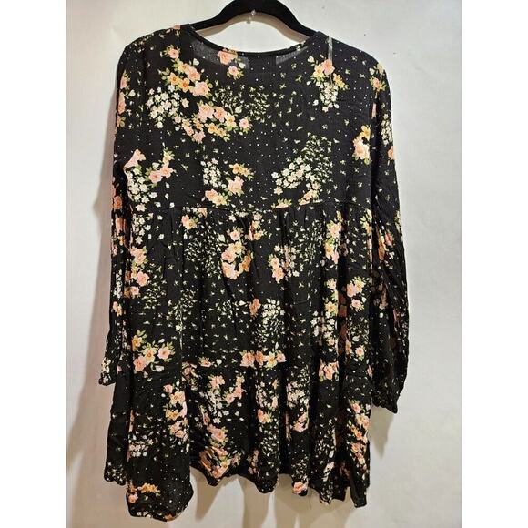Everly Hanna Black Floral Short Dress Top V-Neck Long Sleeve Bohemian Women's M - Picture 5 of 9